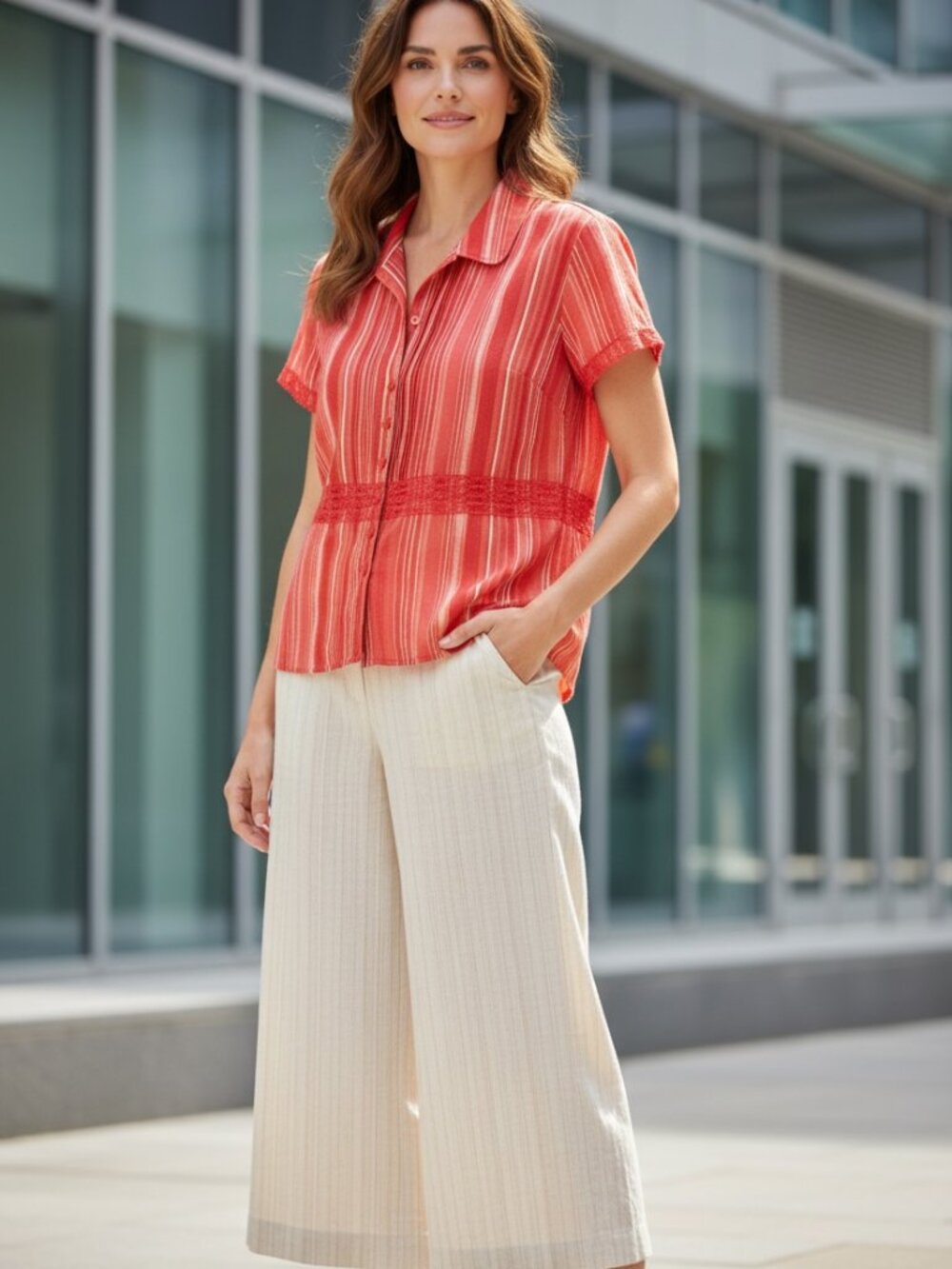 EMMA JAMES Two-Piece Set, Red/Orange Striped Button-Up Dress Blouse, Size 14